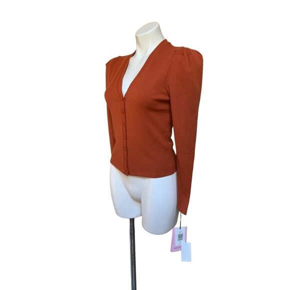 Avec Les Filles NEW Puff-Sleeve Rib-Knit Cardigan Shirt Rust Color Medium - Picture 4 of 11